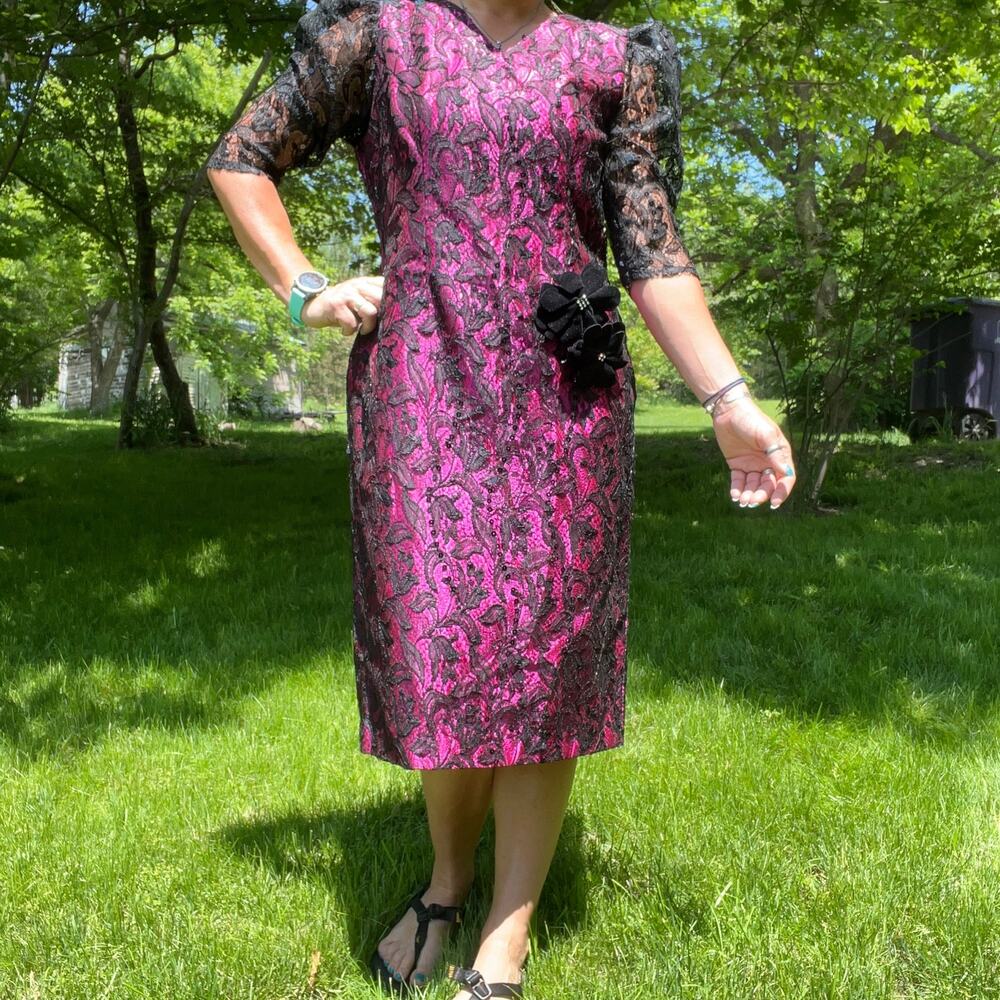 Vintage Handmade Black Lace Overlay Purple Puff Sleeve Sheath dress